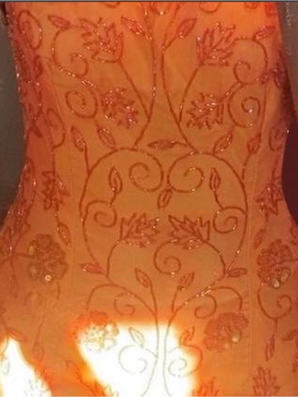 Cache Orange Beaded Prom Dress with Embroidered Floral Motif